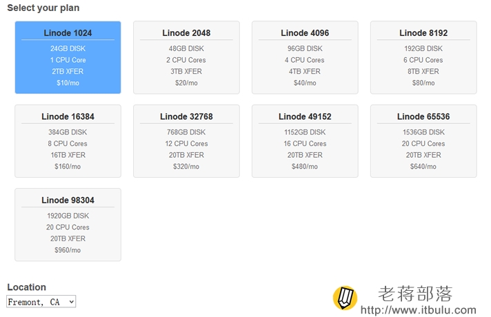 选择新的Linode配置方案和机房